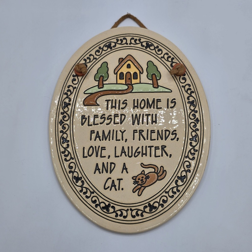 Cat Lover This Home Blessed Ceramic Wall Plaque Trinity Pottery Vtg Cottagecore